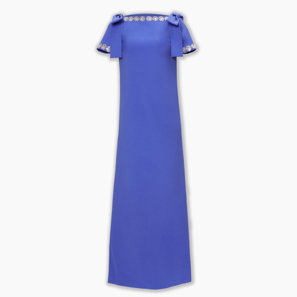 CAROLINA HERRERA Crystal-Trim Boatneck Column Gown With Shoulder Bows Maxi Dress - Picture 1 of 15